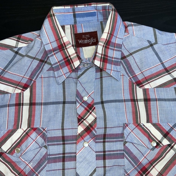 Wrangler Mens Large Blue & Pink White Pearl Snaps Short Sleeve *w/Flaw - Picture 1 of 4